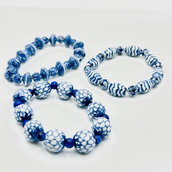 Vintage Chinese Blue White Porcelain Ceramic Beaded Stretch Bracelet Lot - Picture 1 of 5